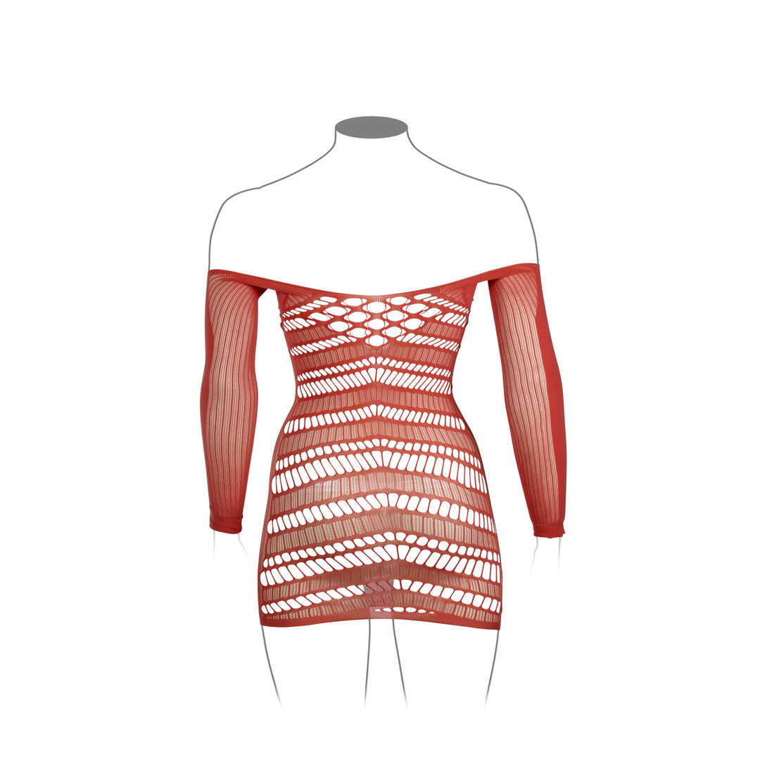 Long-Sleeved Net Mini Dress - Queen Size - Red