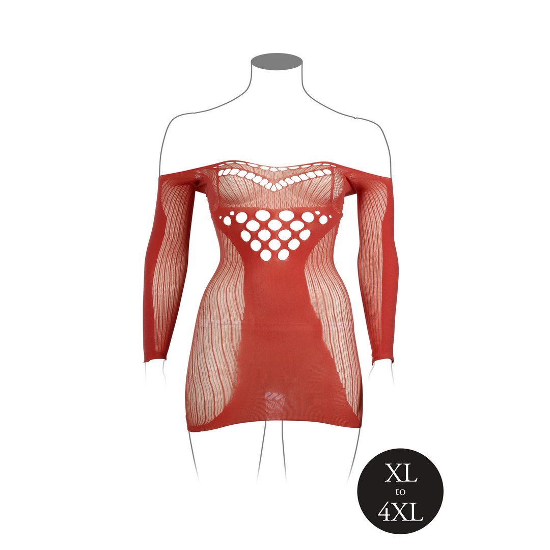 Long-Sleeved Net Mini Dress - Queen Size - Red