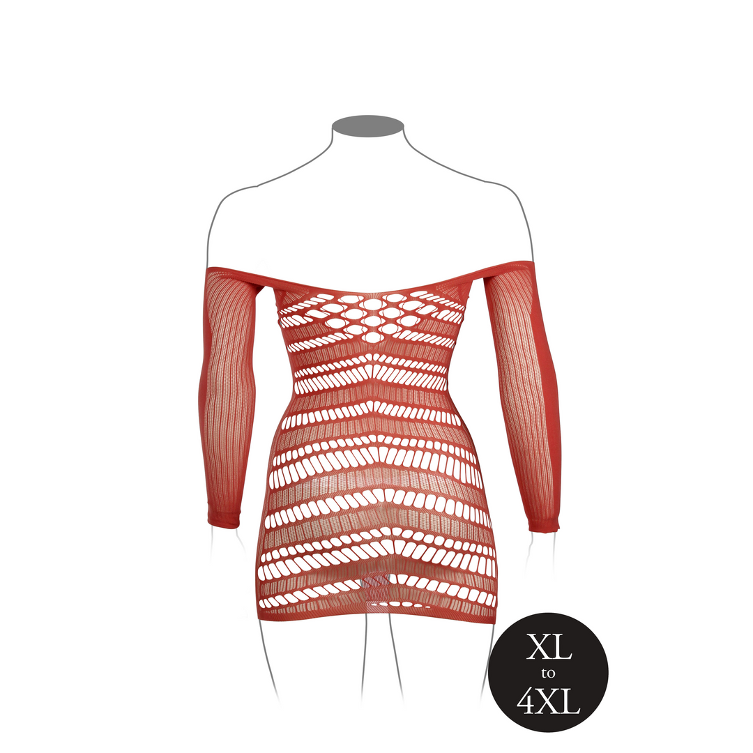 Long-Sleeved Net Mini Dress - Queen Size - Red