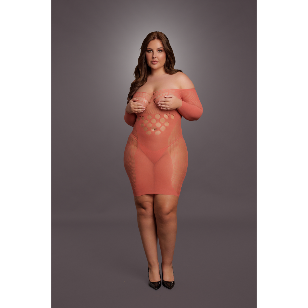 Long-Sleeved Net Mini Dress - Queen Size - Red