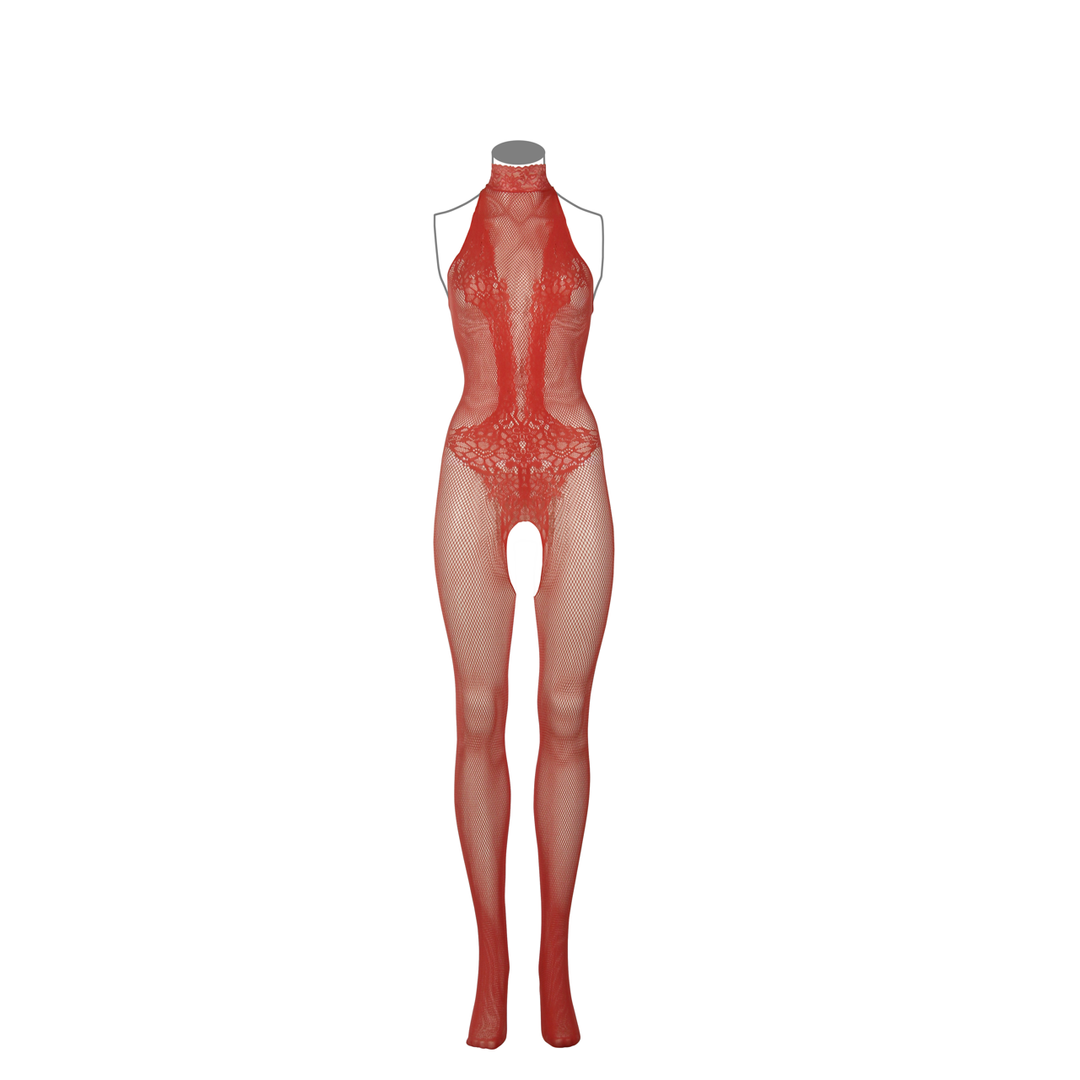 Fishnet and Lace Bodystocking - One Size - Red