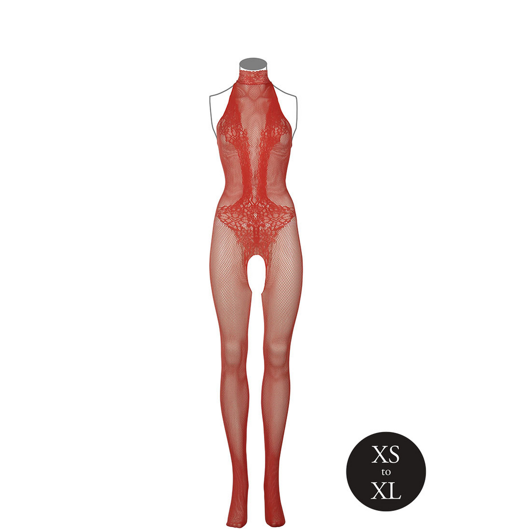 Fishnet and Lace Bodystocking - One Size - Red