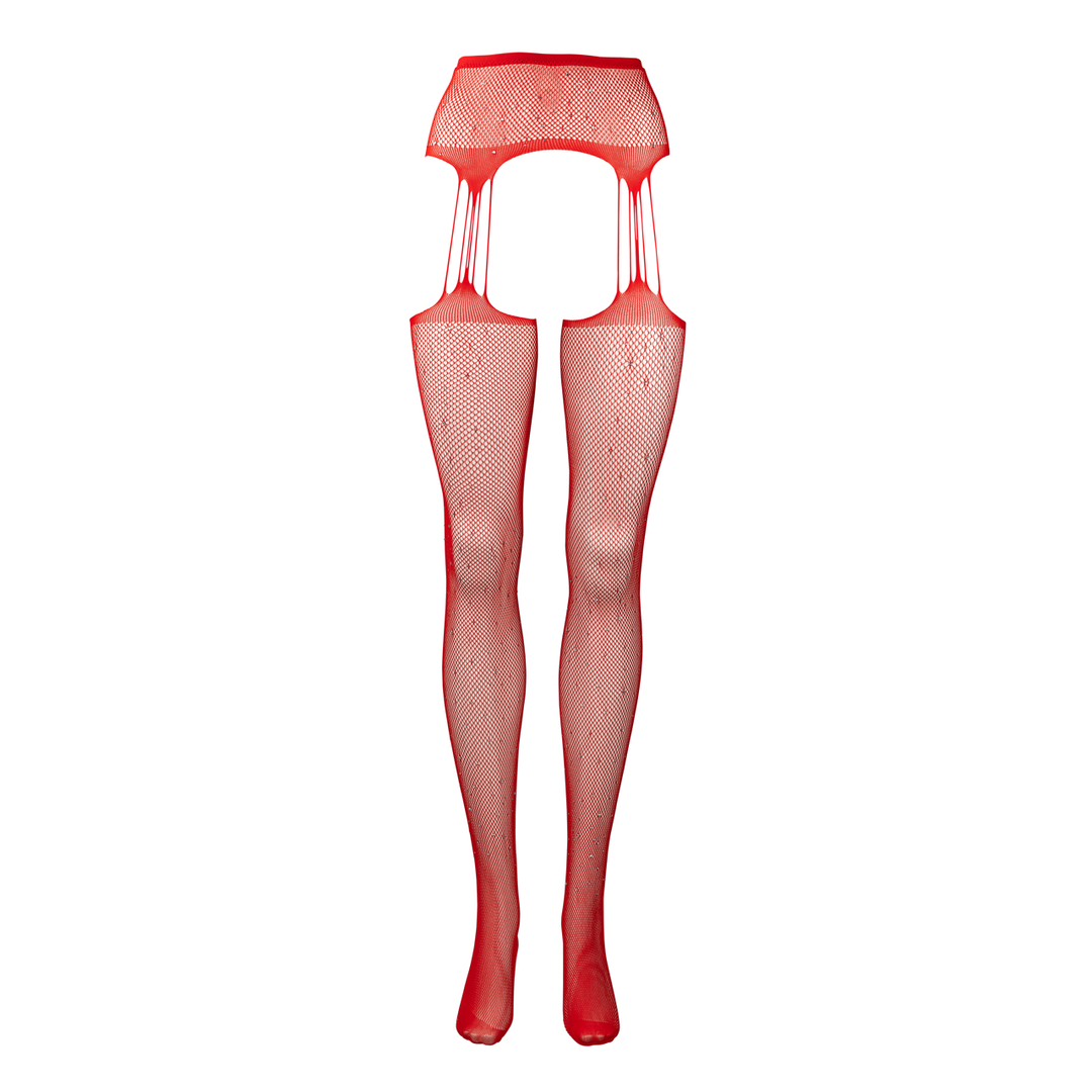 Suspender Rhinestone Pantyhose - One Size - Red