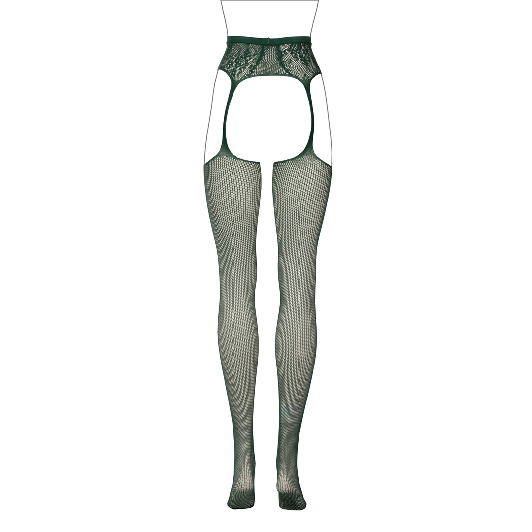 Fishnet and Lace Garterbelt Stockings - One Size - Green