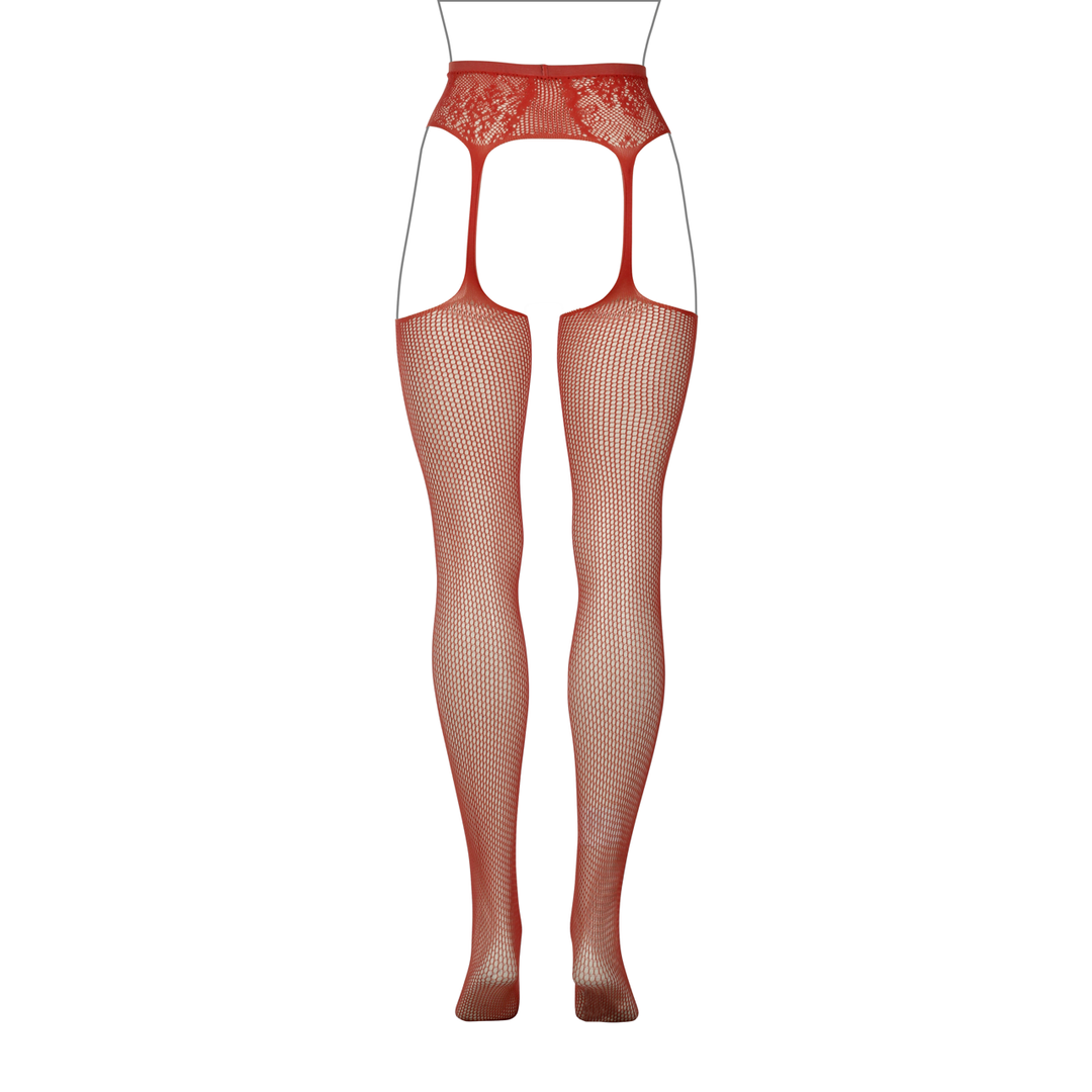 Fishnet and Lace Garterbelt Stockings - Queen Size - Red