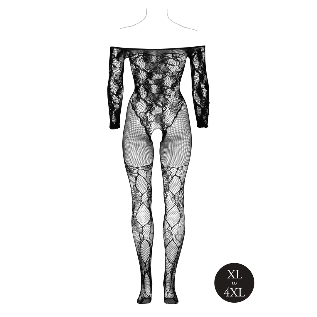 Bodystocking with Off-Shoulder Long Sleeves - Queen Size - Black