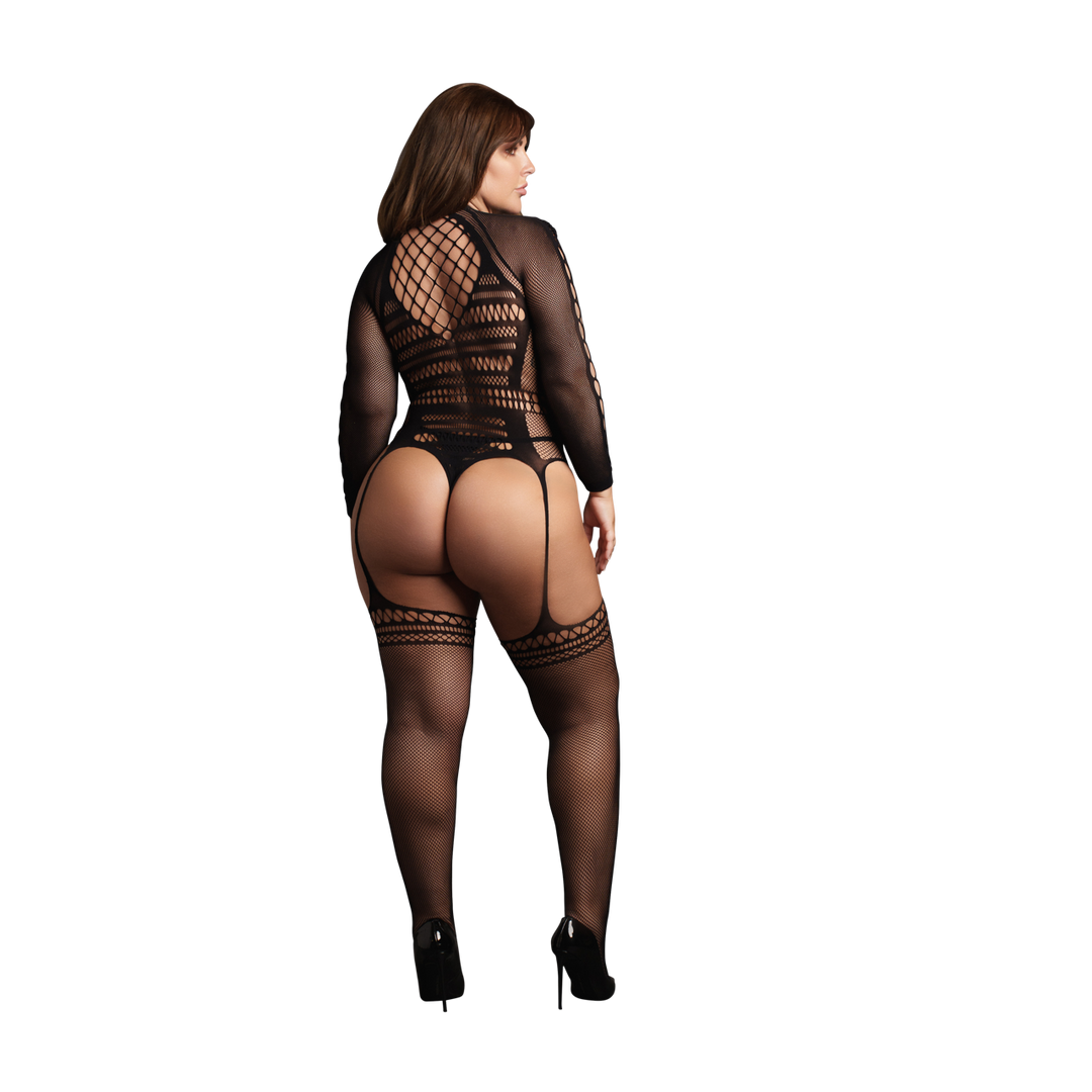 Bodystocking with Long Sleeves and Short Turtleneck - Queen Size - Black