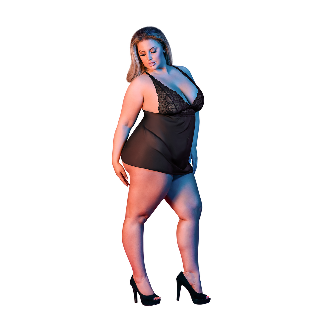 Babydoll dos ouvert et string - 2X - Noir