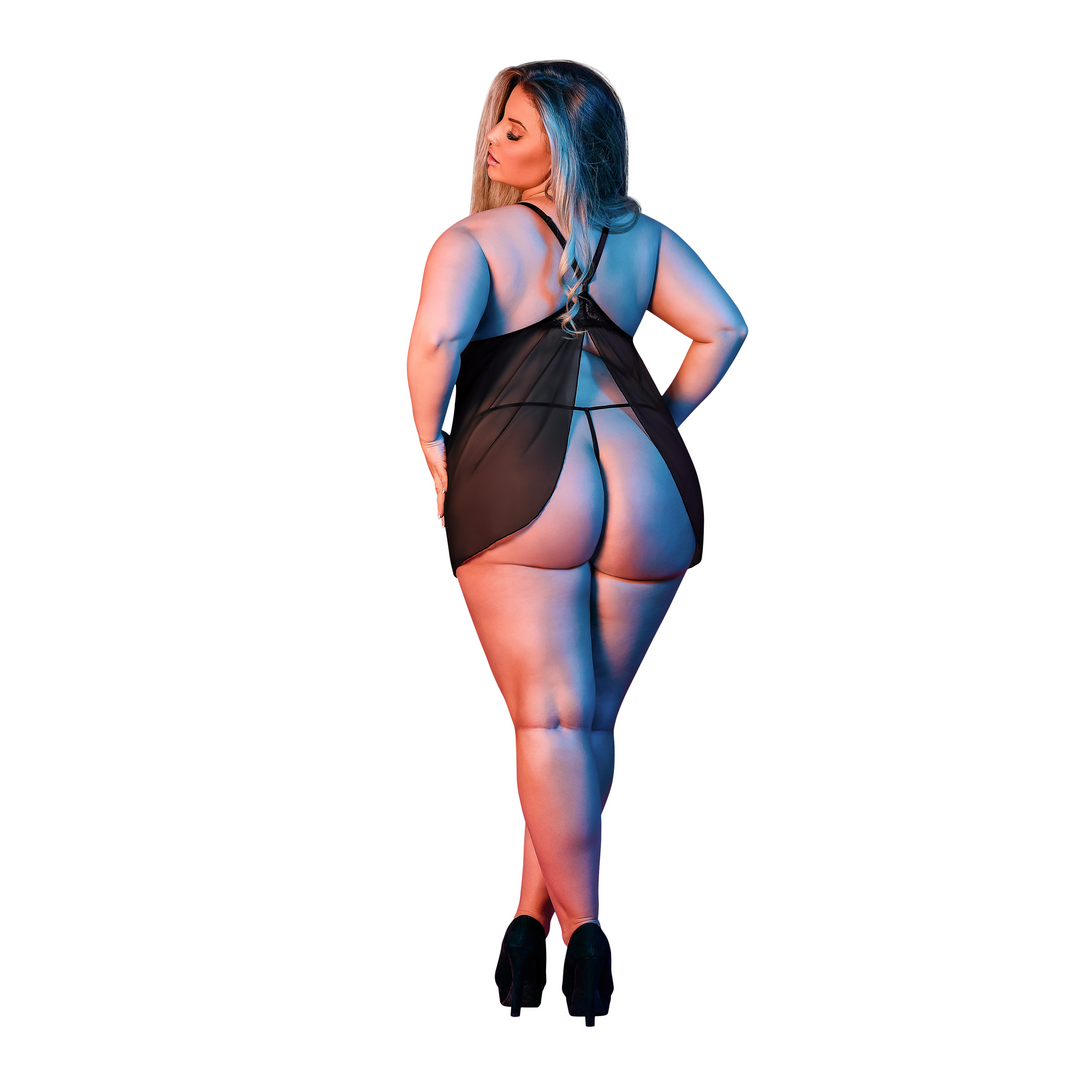 Babydoll dos ouvert et string - 2X - Noir