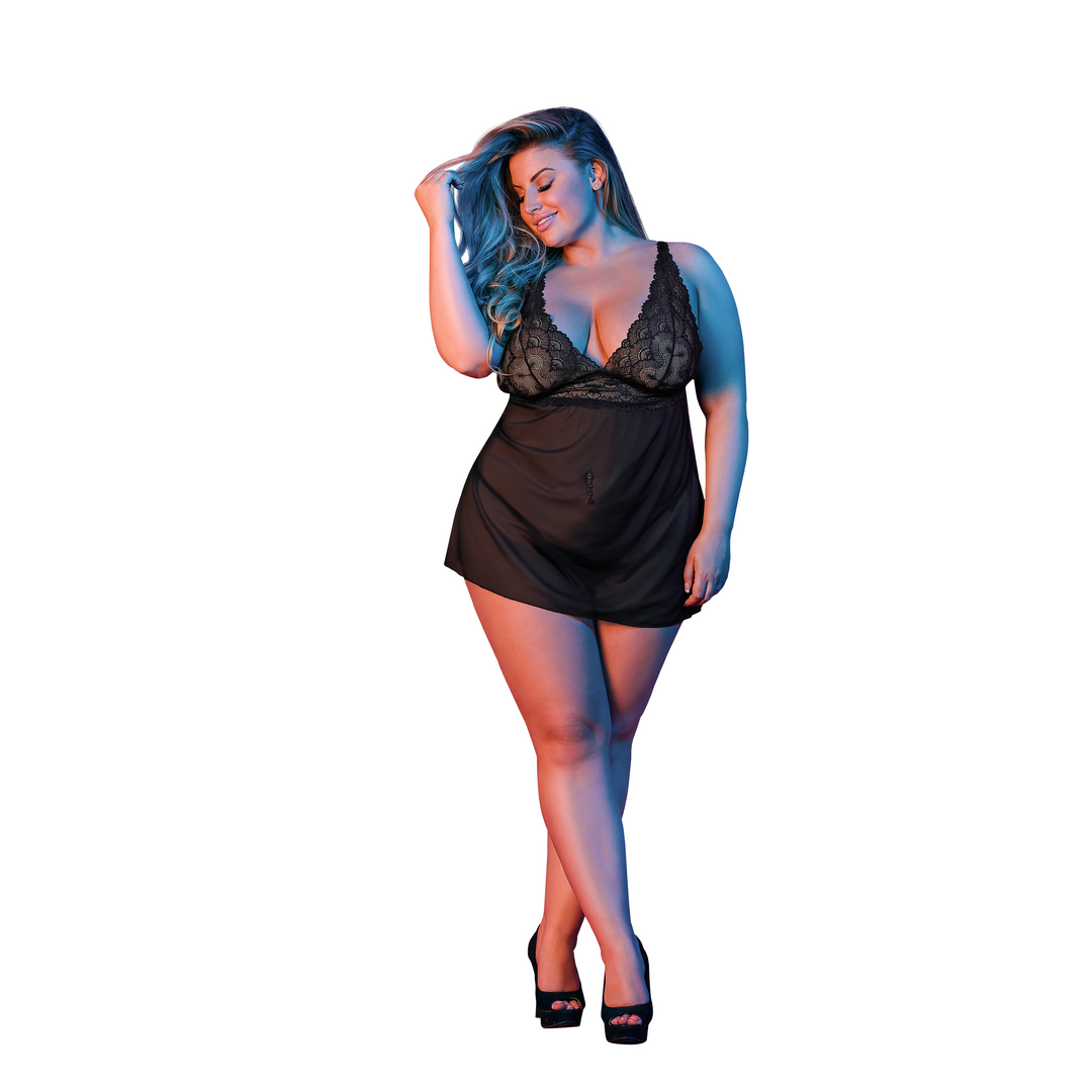 Babydoll dos ouvert et string - 2X - Noir