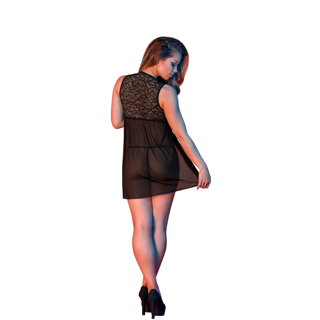 Babydoll Dos Ouvert et Ensemble Tanga - L/XL - Noir