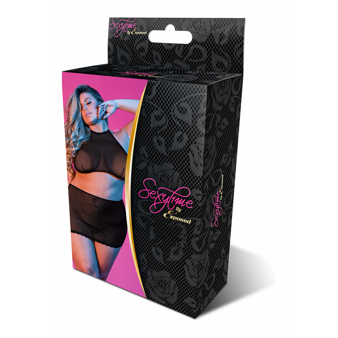 Ensemble bustier et jupe en maille à pois - 2X - Noir