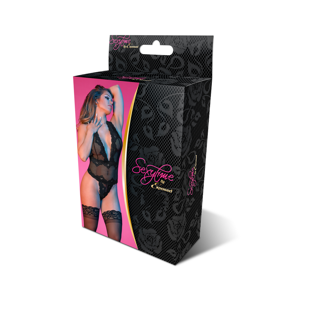 Teddy décolleté plongeant avec licou - S/M - Noir