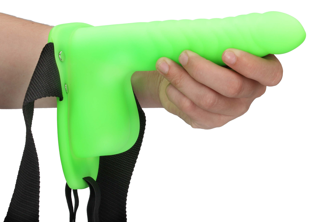 Harnais de pénétration texturé strié phosphorescent avec testicules - 8 po / 21 cm - Vert fluo