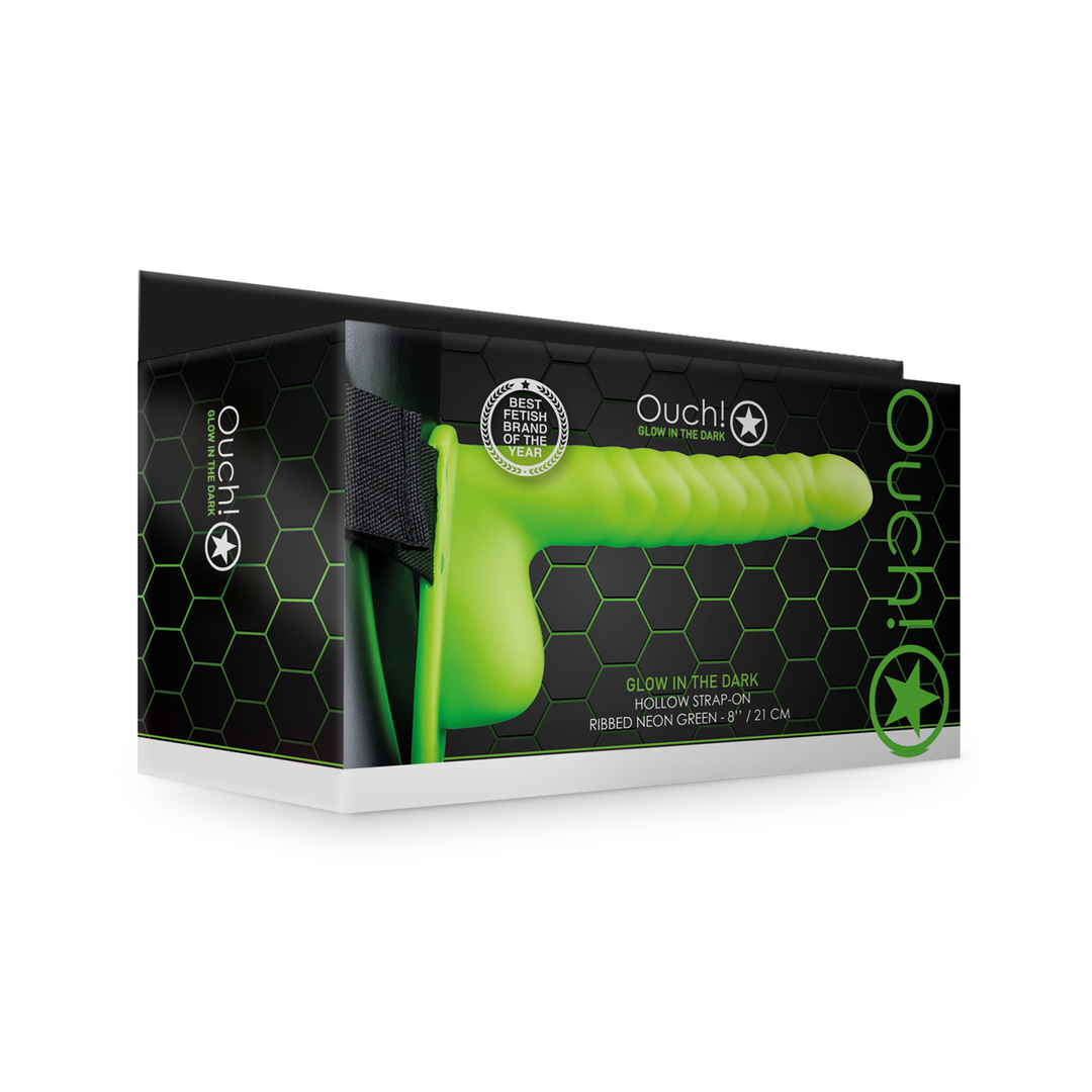 Harnais de pénétration texturé strié phosphorescent avec testicules - 8 po / 21 cm - Vert fluo