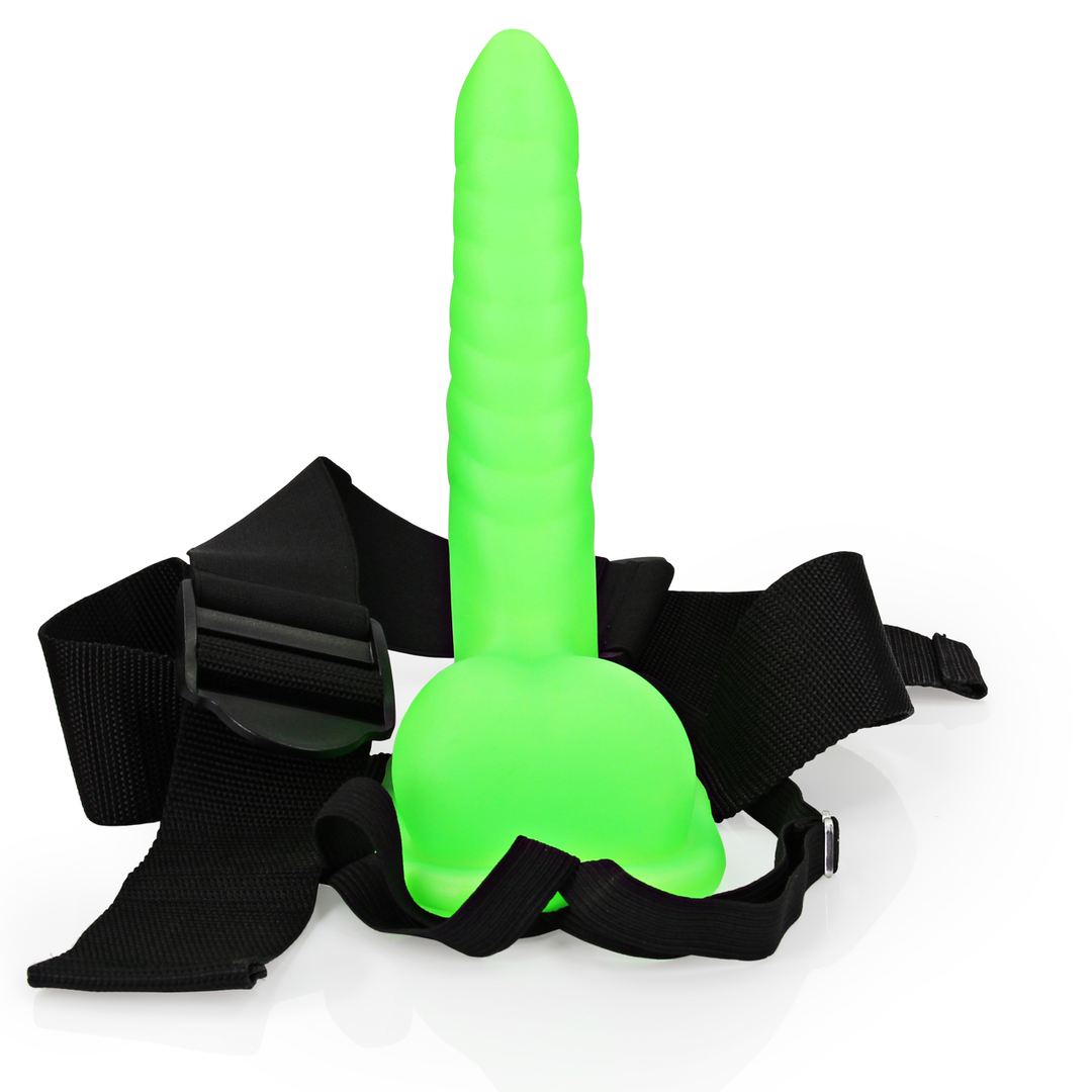 Harnais de pénétration texturé strié phosphorescent avec testicules - 8 po / 21 cm - Vert fluo