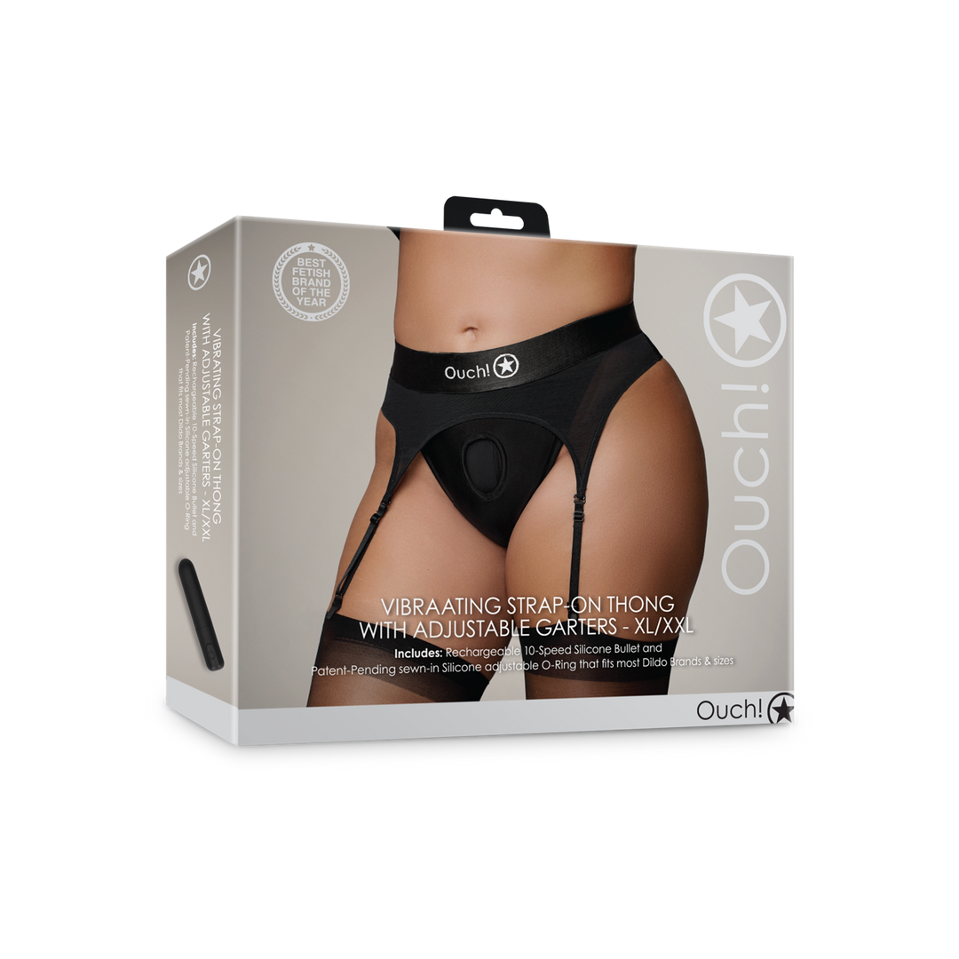 Vibrating Strap-on Thong with Adjustable Garters - XL/XXL - Black
