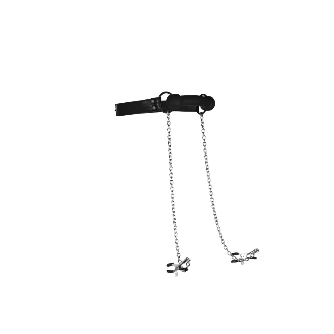Bâillon mors en silicone avec pinces à tétons - Noir