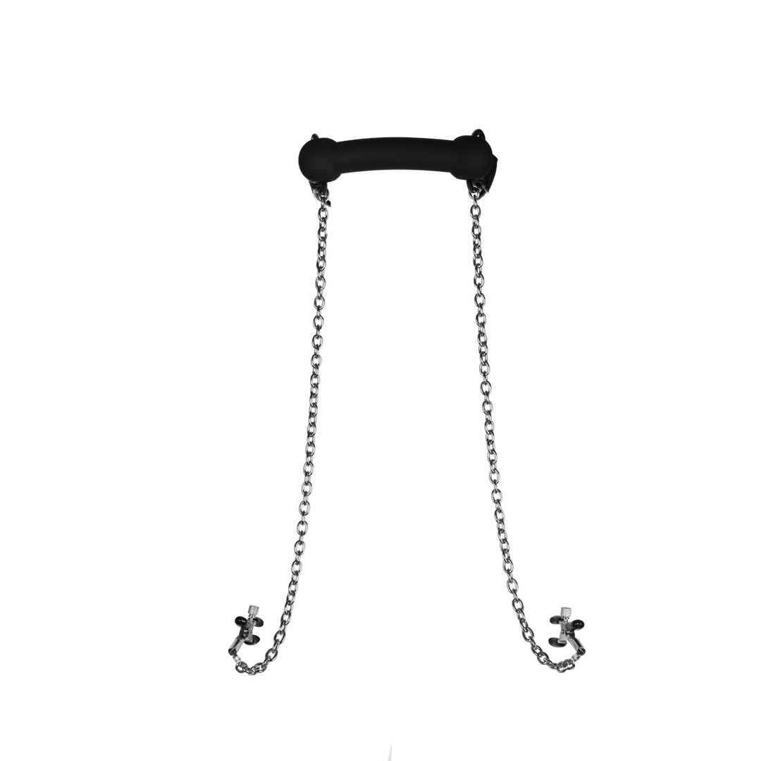 Bâillon mors en silicone avec pinces à tétons - Noir