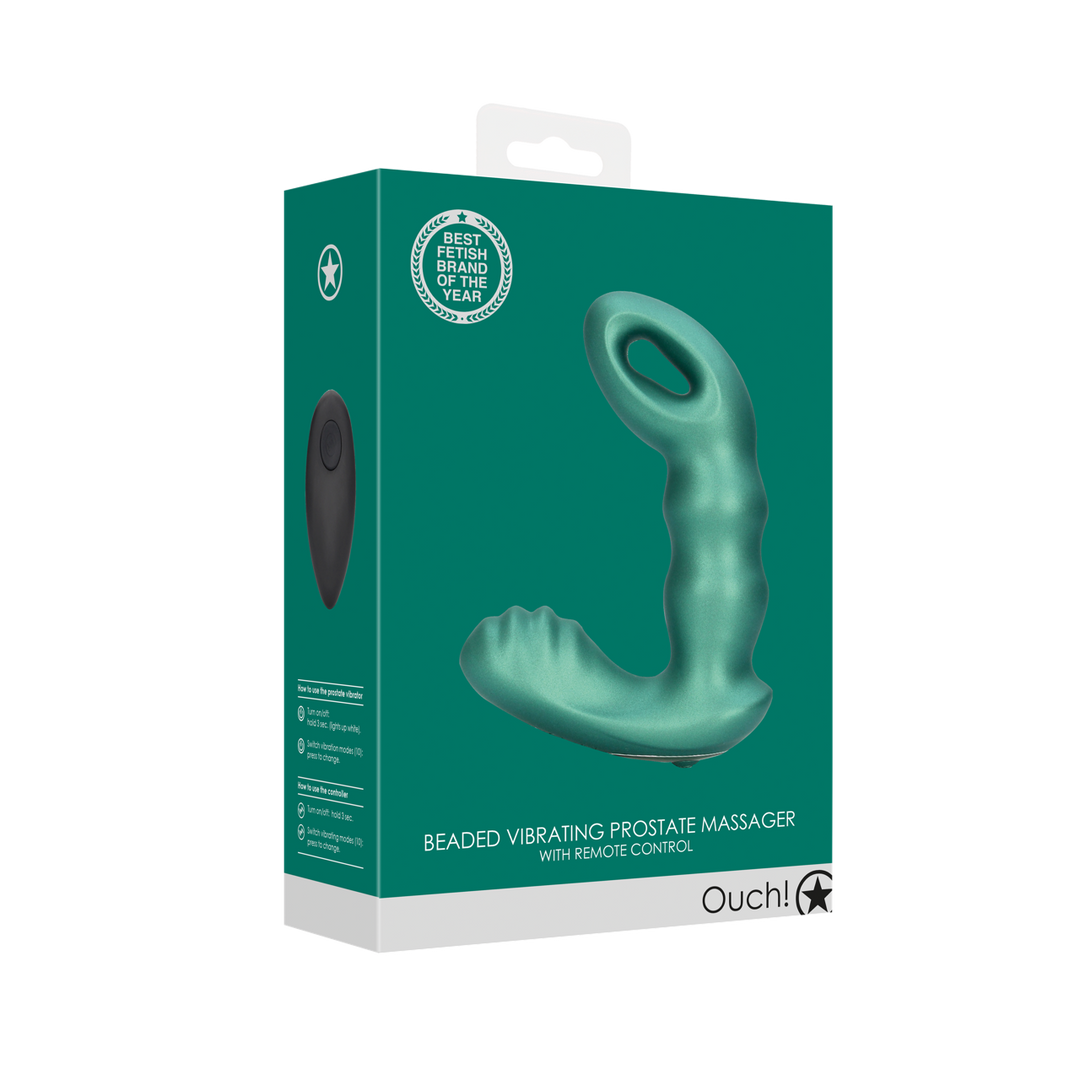 Masseur de prostate vibrant à perles avec télécommande - Vert métallique
