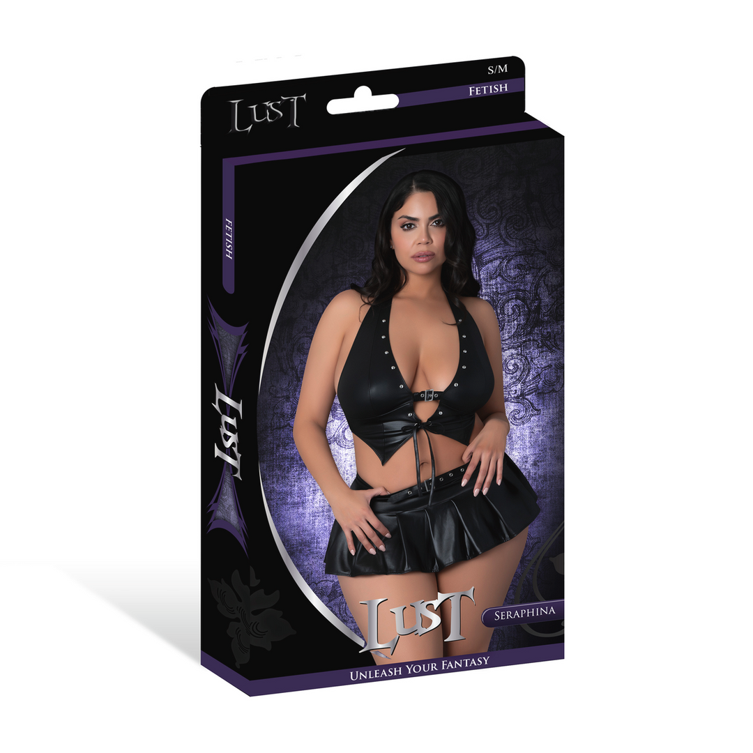 Seraphina - Gilet dos nu avec jupe et string - 2X - Noir