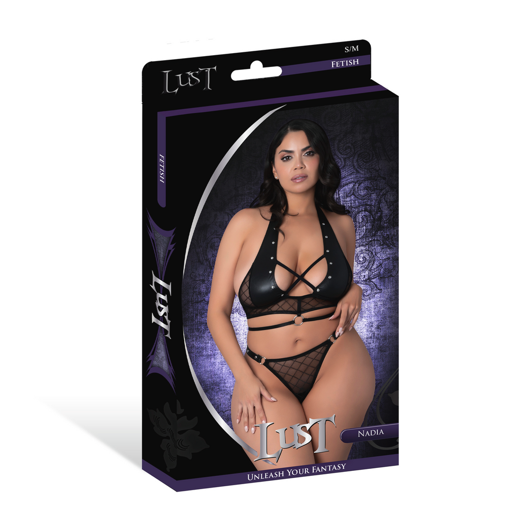 Nadia - Haut dos nu en maille diamant et string anneau avec fermoirs anneaux et clous - 2X - Noir