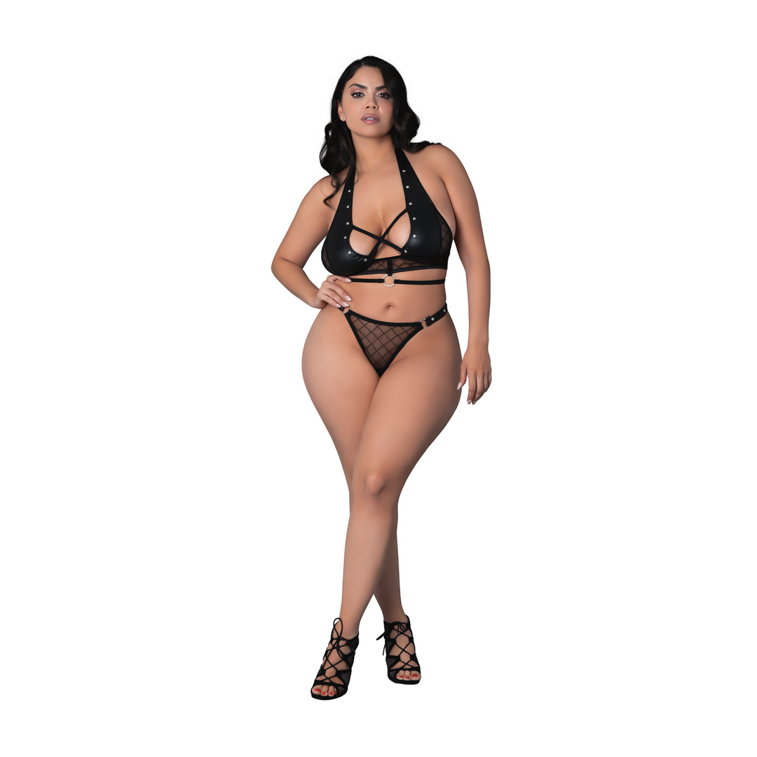 Nadia - Haut dos nu en maille diamant et string anneau avec fermoirs anneaux et clous - 2X - Noir