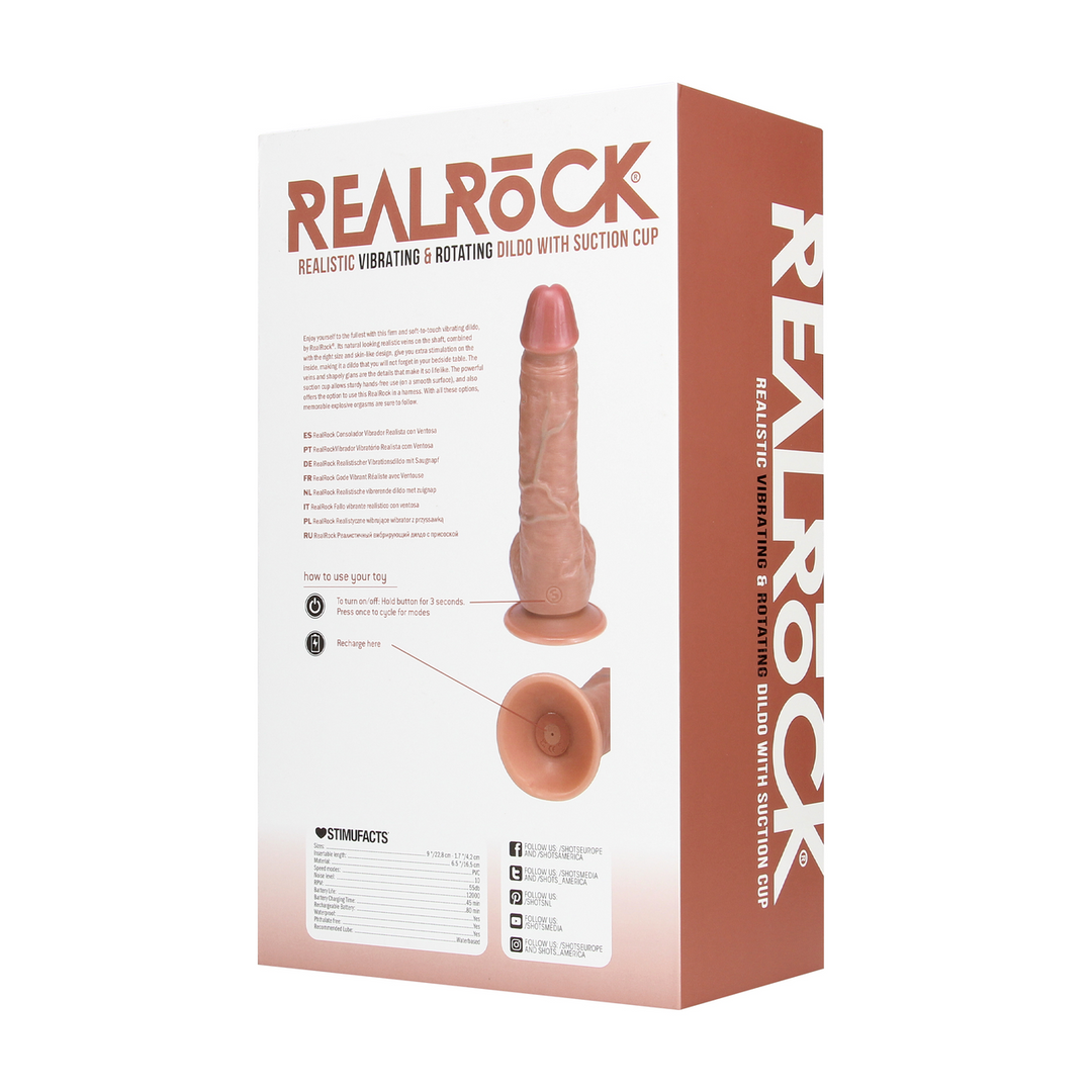 Vibreur bite droite rotative avec testicules – 8" / 20,5 cm – Naturel