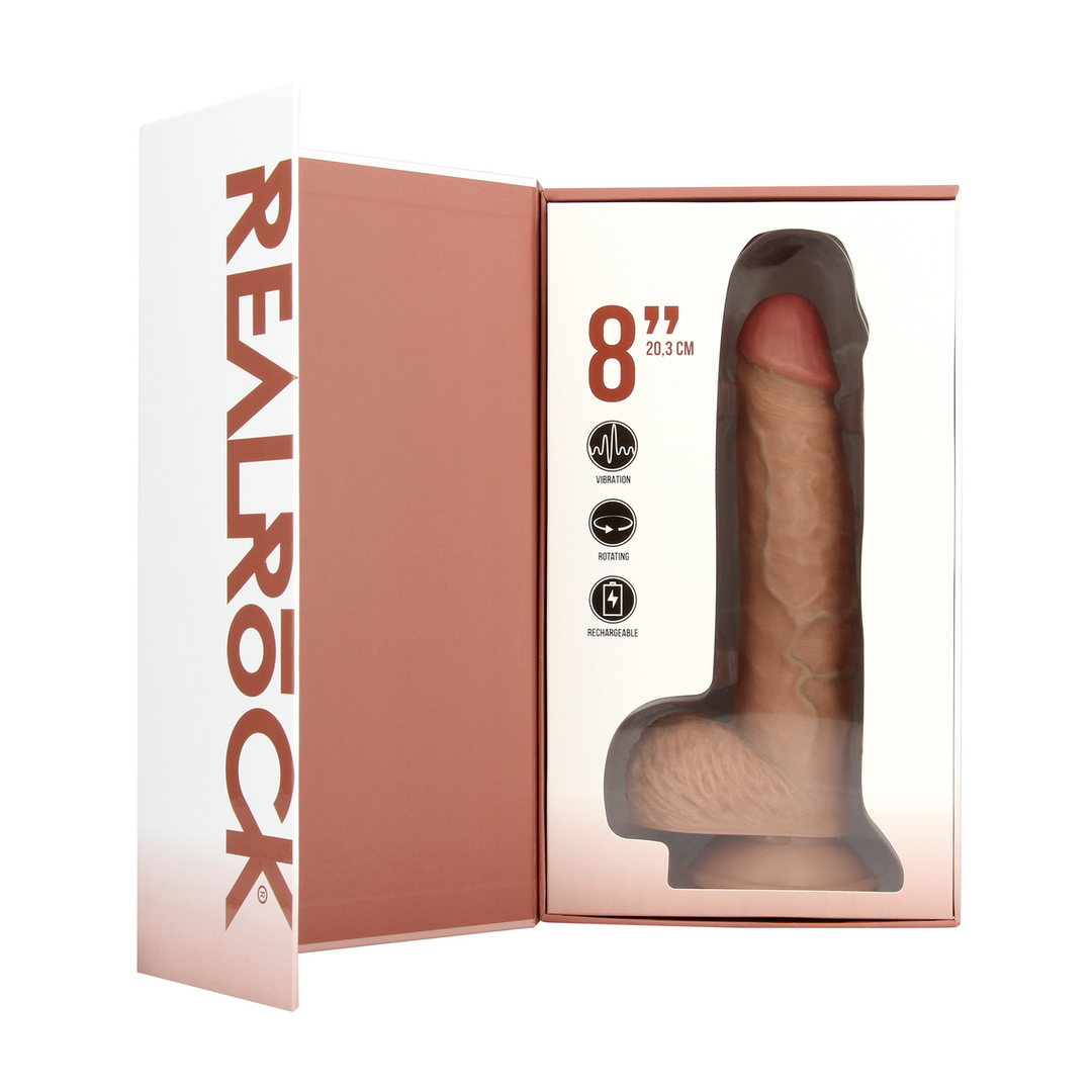 Vibreur bite droite rotative avec testicules – 8" / 20,5 cm – Naturel
