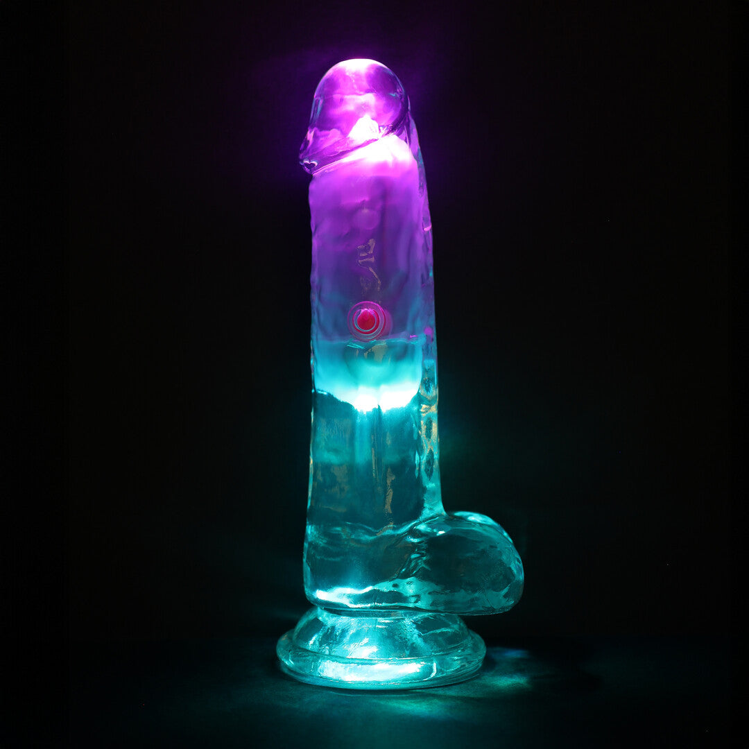 Vibreur Pénis Droit avec LED et Testicules - 15 cm - Transparent