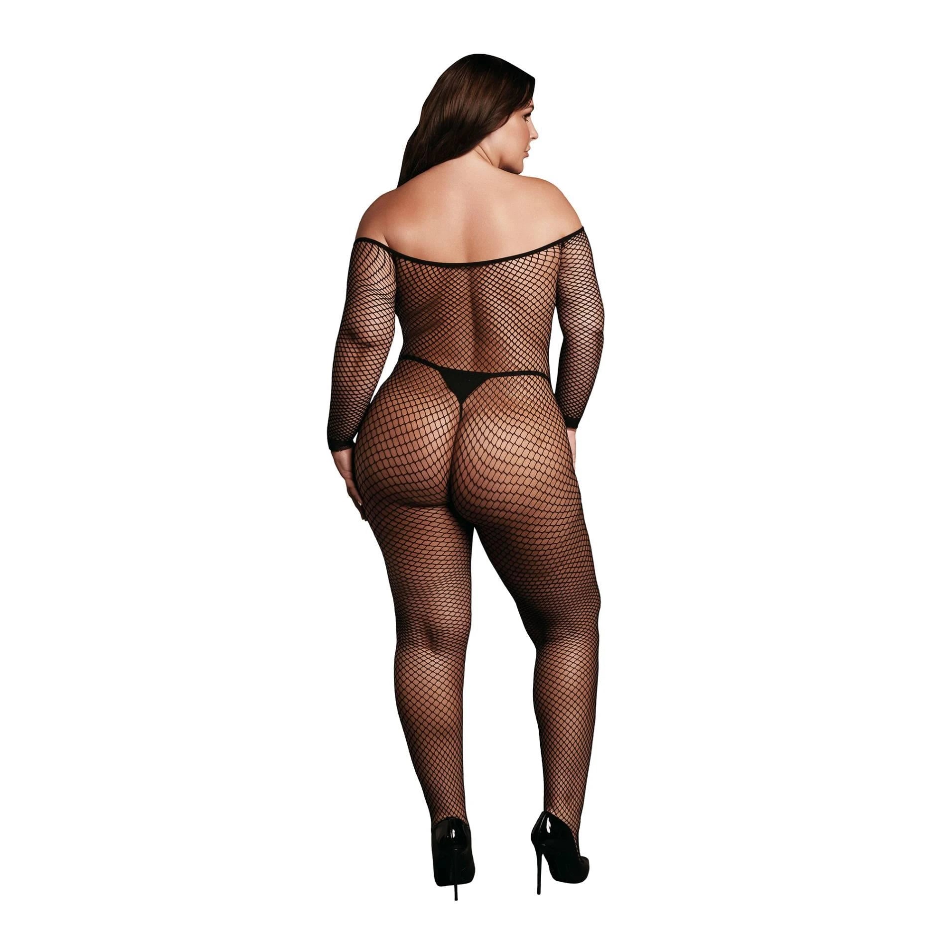 Bodystocking with off-shoulder neckline, fishnet structure, and open crotch.