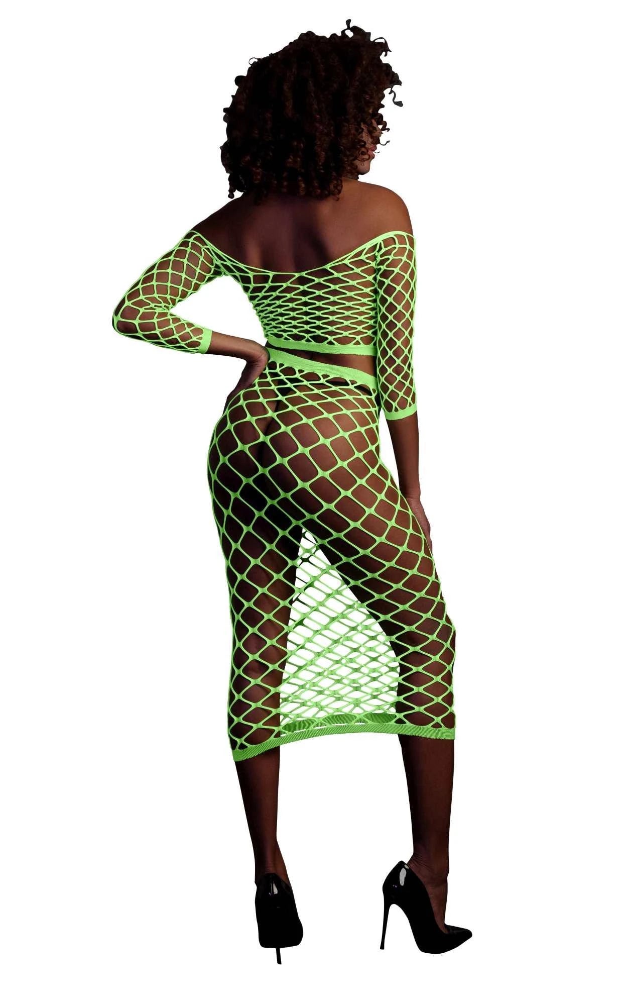 Long Sleeve Crop Top and Long Skirt - One Size - Neon Green