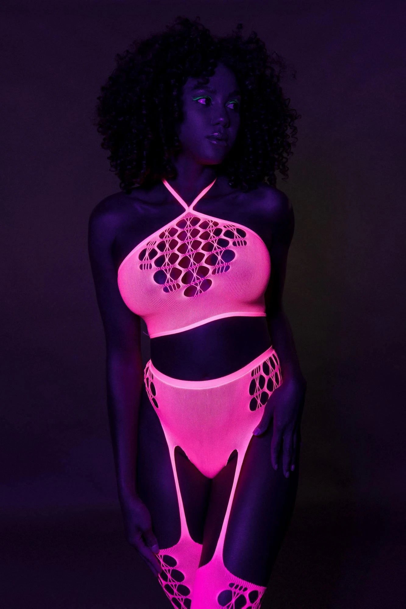 Two-Piece Set with Crop Top and Stockings - Pink - XS/XL