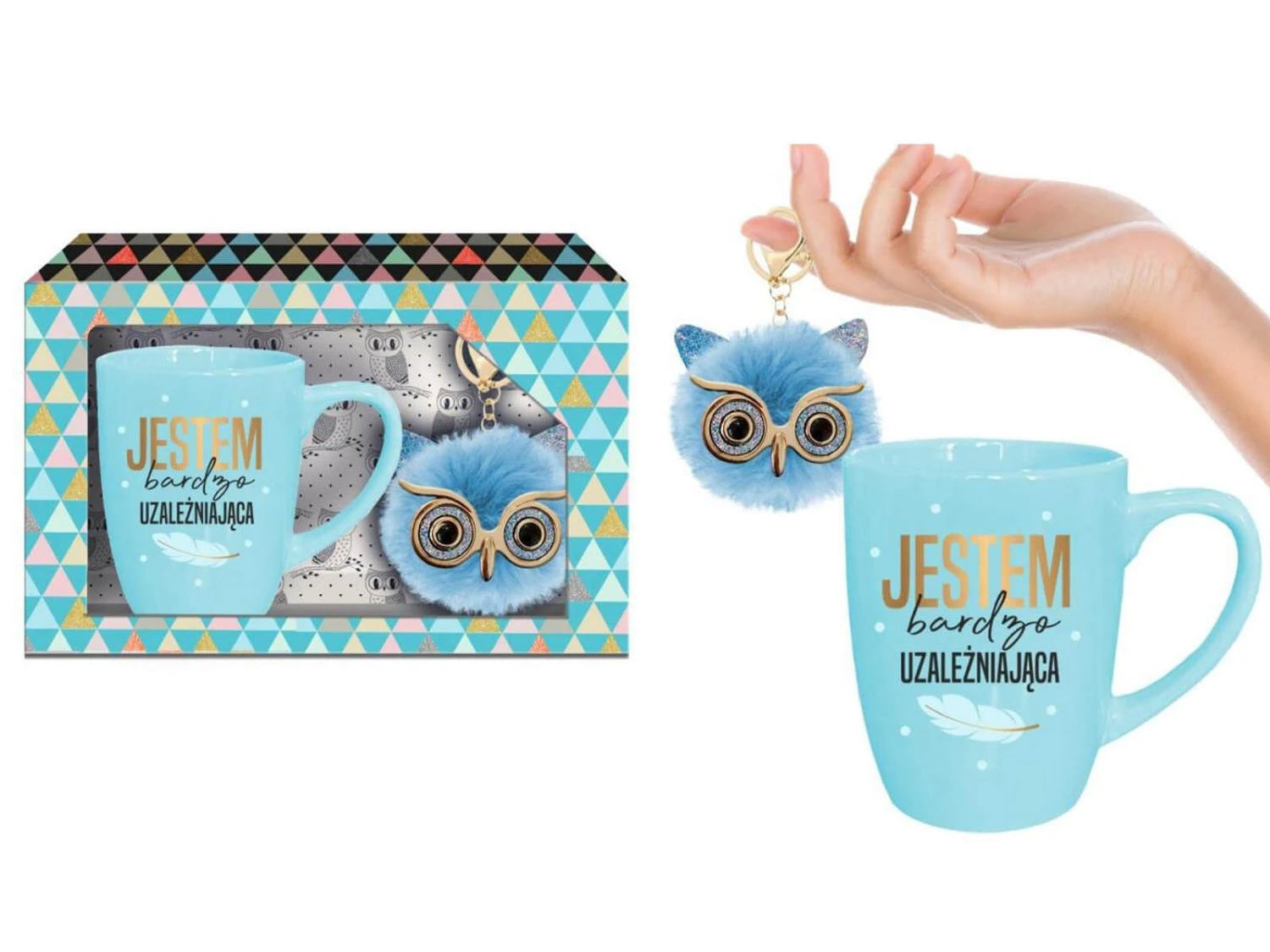Mug-I'm very addictive - barrel mug set pastel 300ml blue + owl keychain