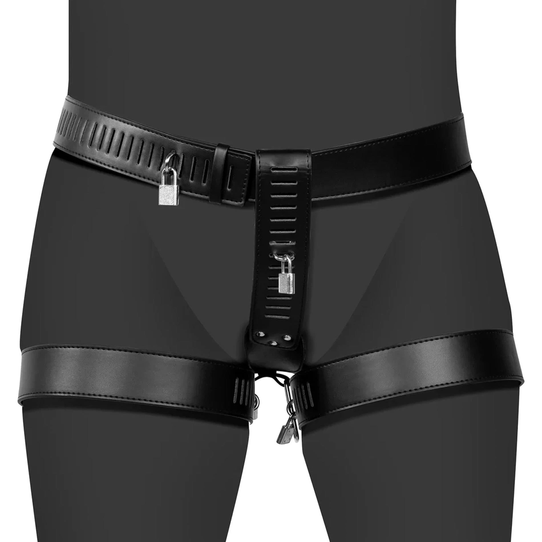 Ceinture de chasteté féminine en cuir synthétique avec contrainte de jambe – Noir