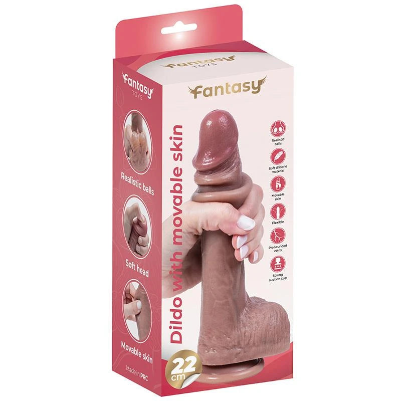 Silicone dildo with foreskin and realistic testicles 22 cm