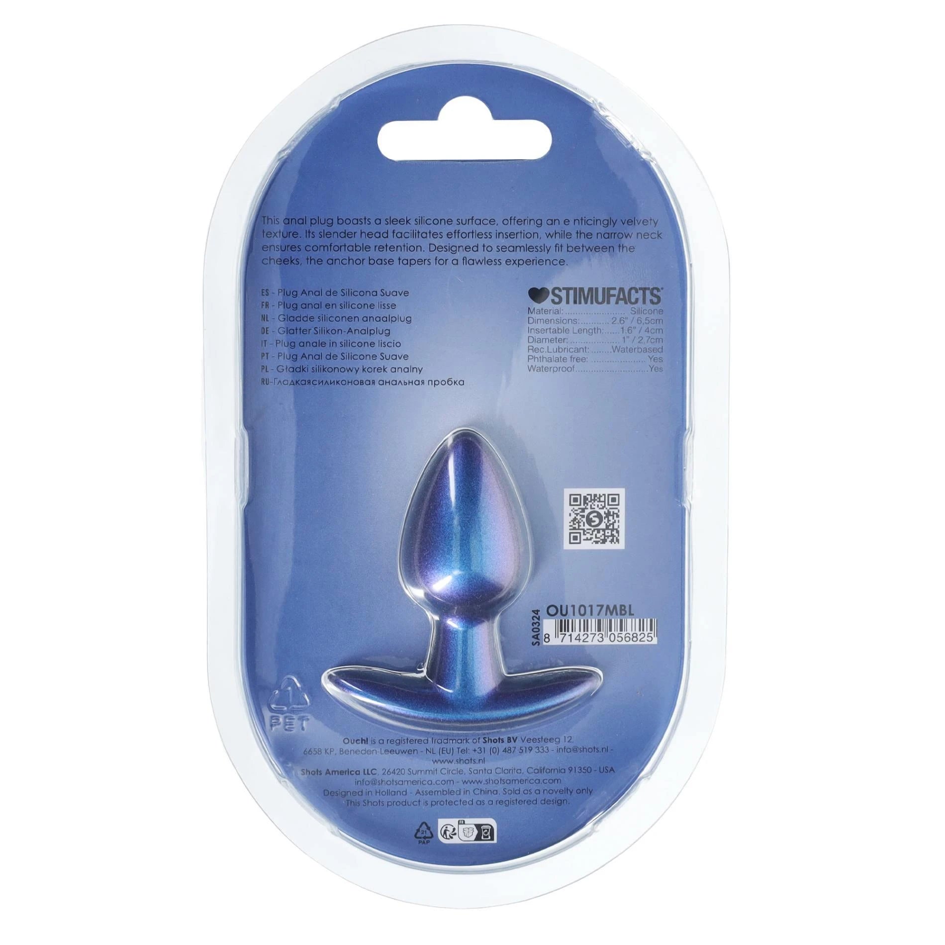 Plug anal en silicone lisse - Petit - 2.6 / 6,5 cm - Bleu métallique
