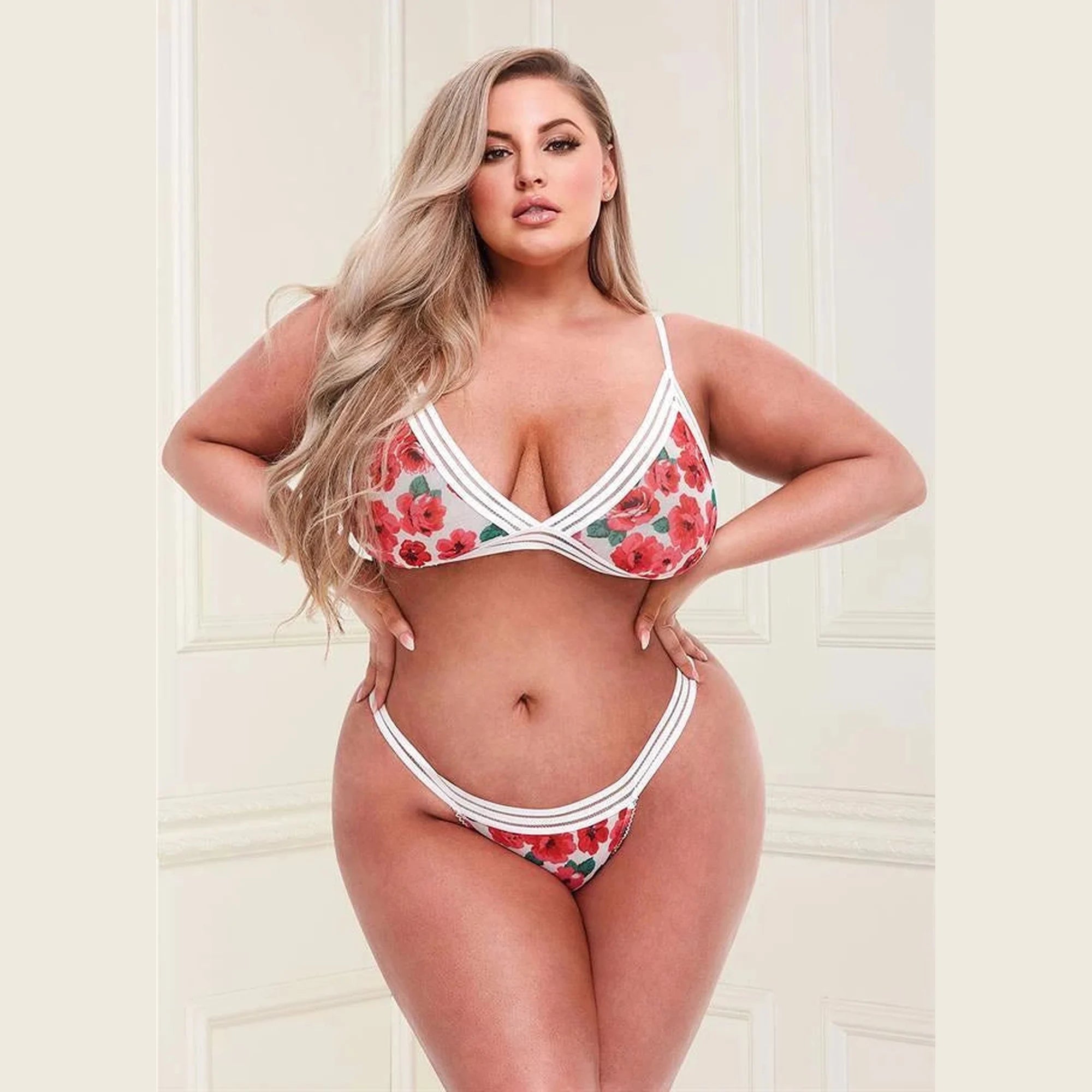 WHITE FLORAL & LACE BRA SET, XL