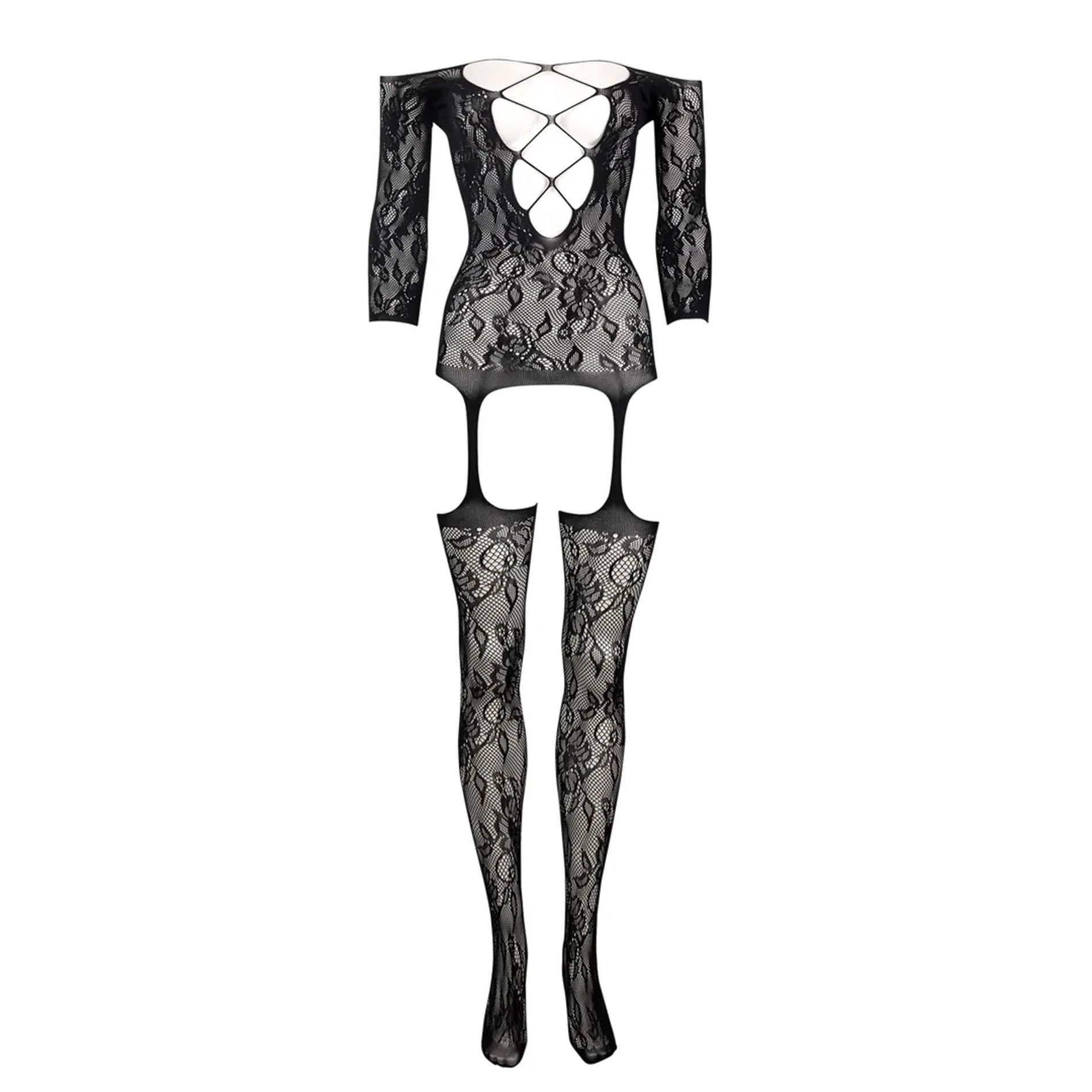 Criss Cross Neck Bodystocking - One Size - Black