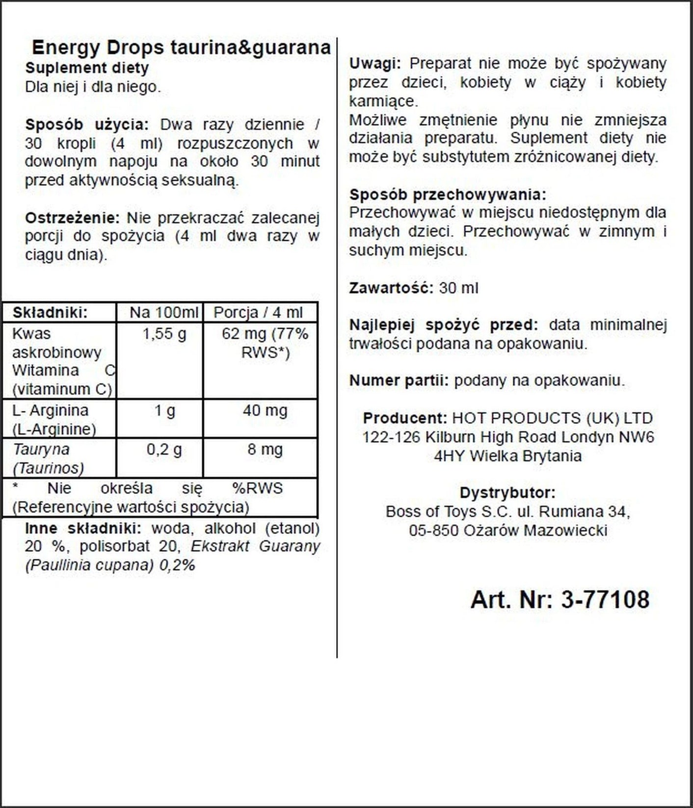 Supl.diety-Energy Drops-30ml Taurin & Guarana  (m+w)
