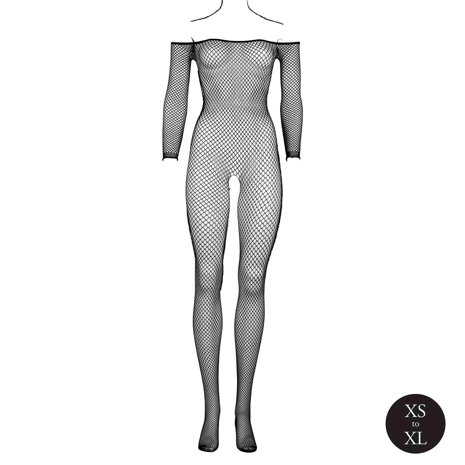 Bodystocking with off-shoulder neckline, fishnet structure, and open crotch.