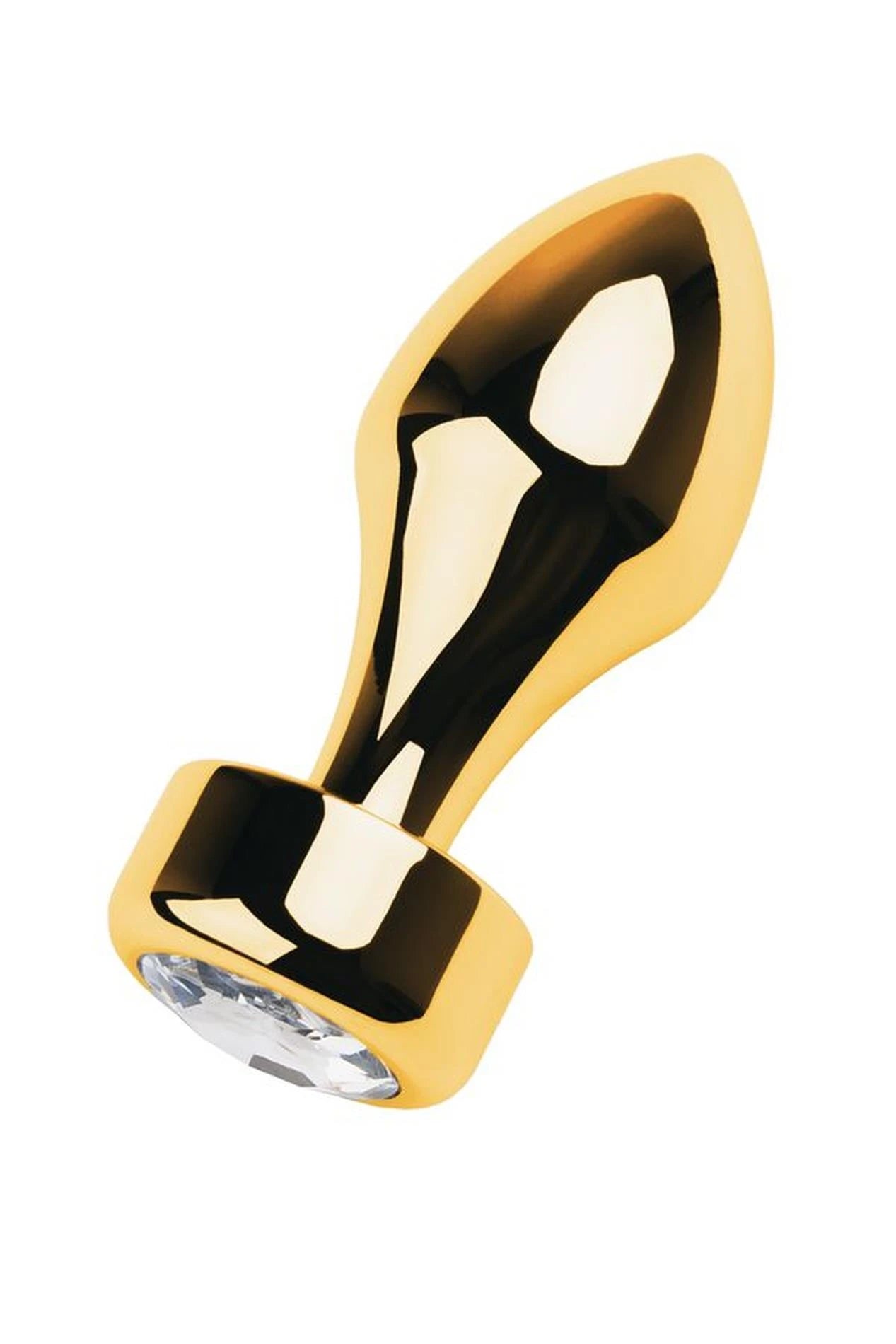 Gold anal plug TOYFA Metal with white round-shaped gem , length 7 cm, diameter 2-3.5 cm, weight 140 gr