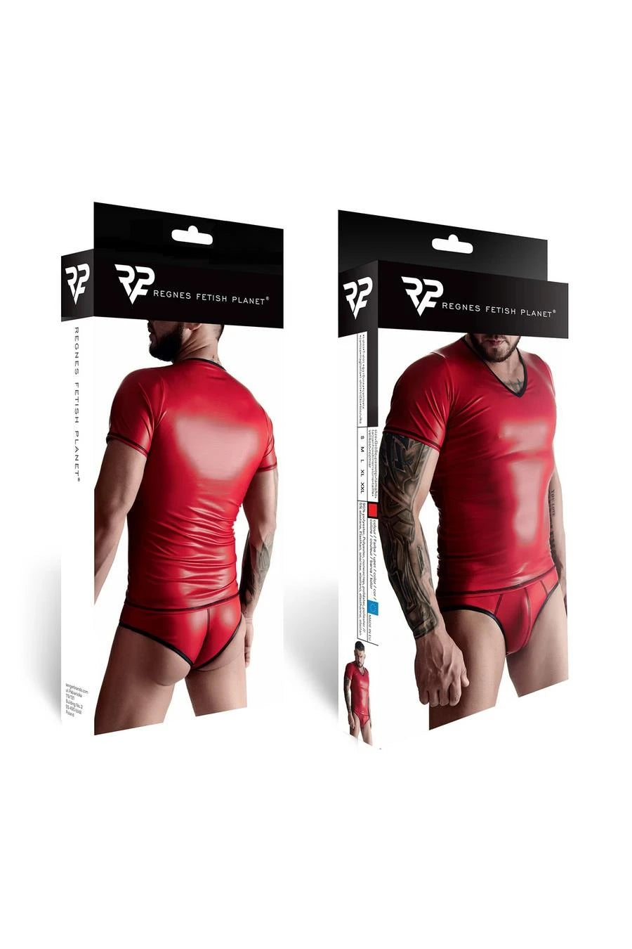 męski komplet z wetlooka: t-shirt w serek, figi typu brazyliany XXL