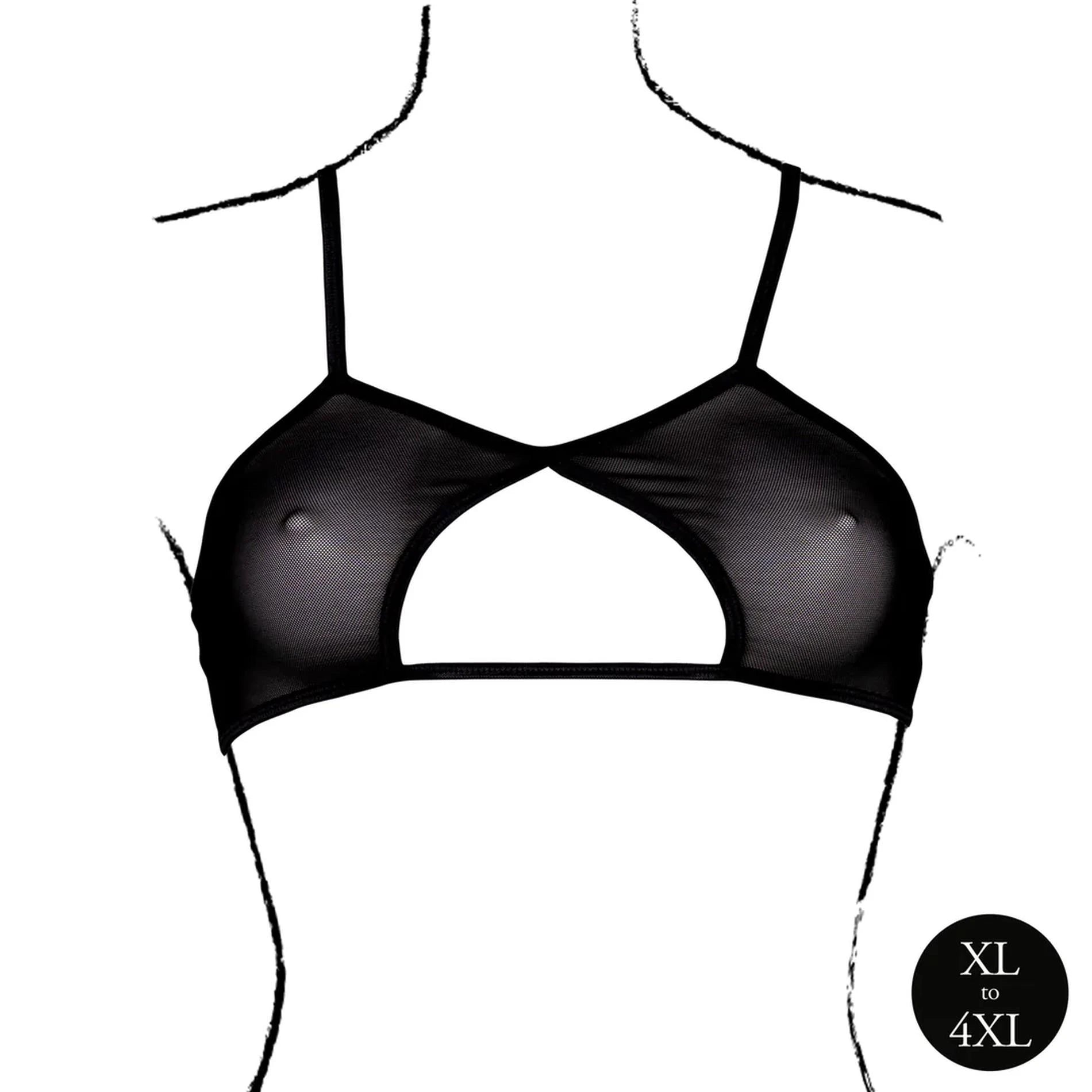 Soutien-gorge en résille découpé à bretelles doubles au dos et réglettes ajustables - Grande taille - Noir