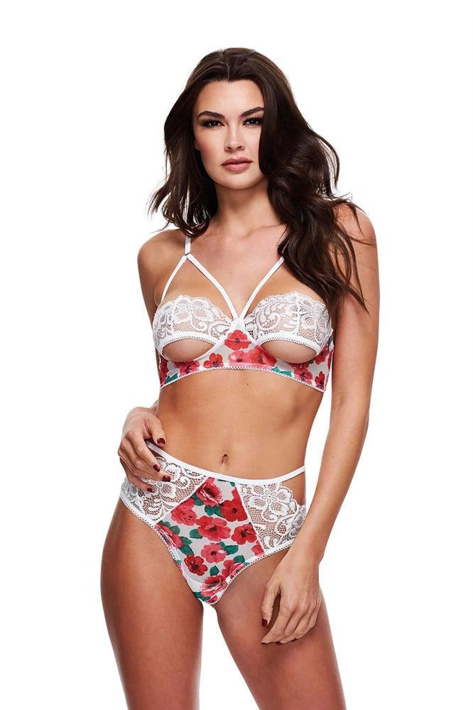 WHITE FLORAL & LACE BRA SET, M/L