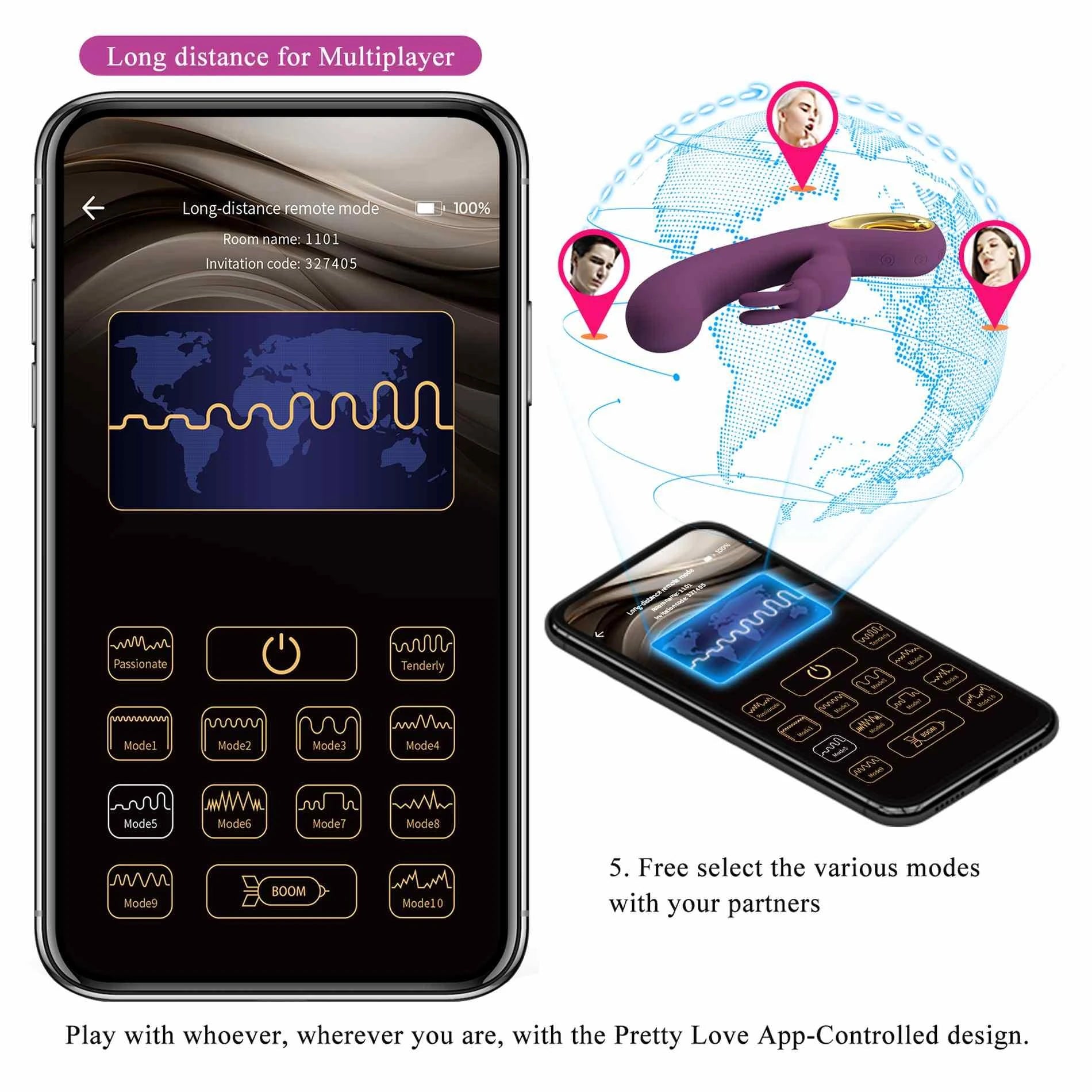 PRETTY LOVE - Liam purple, 12 fonctions de vibration, contrôle longue distance via application mobile