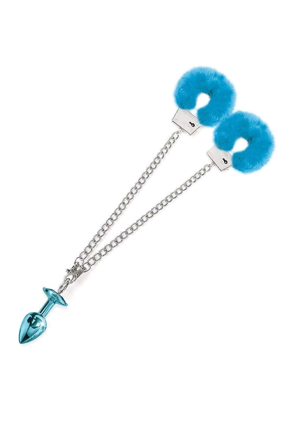 NIXIE METAL BUTT PLUG & FURRY HANDCUFF SET, MEDIUM,Â BLUE METALLIC