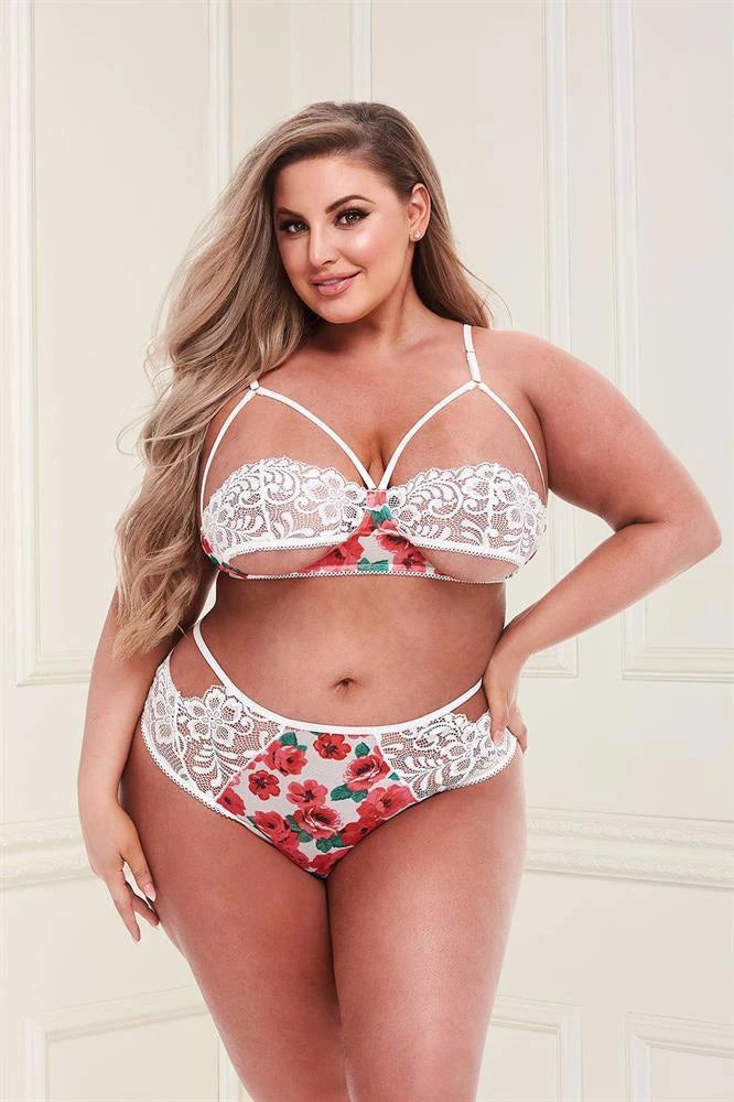 WHITE FLORAL & LACE BRA SET, XL