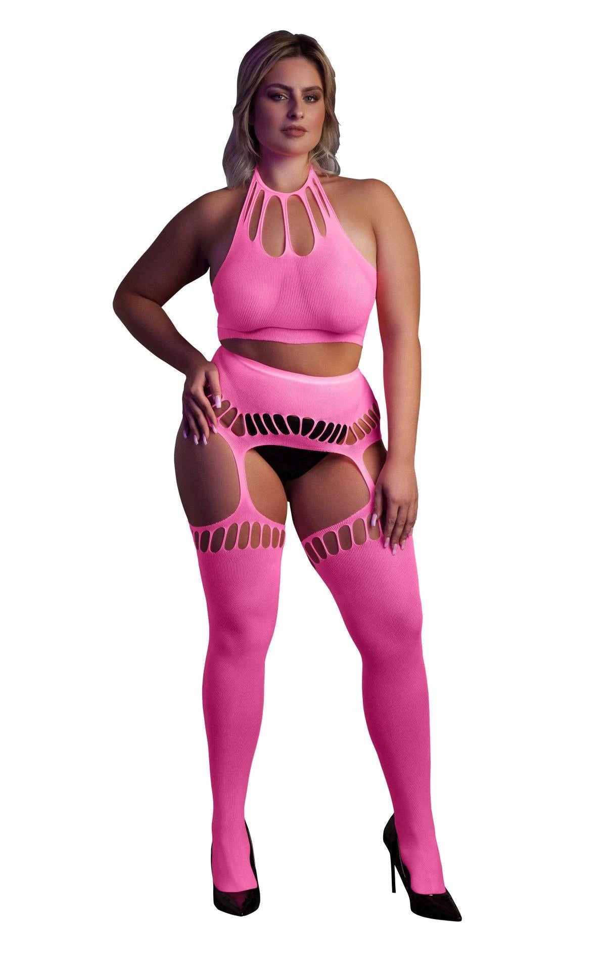 Two Piece with Crop Top and Stockings - Plus Size - Neon Pink