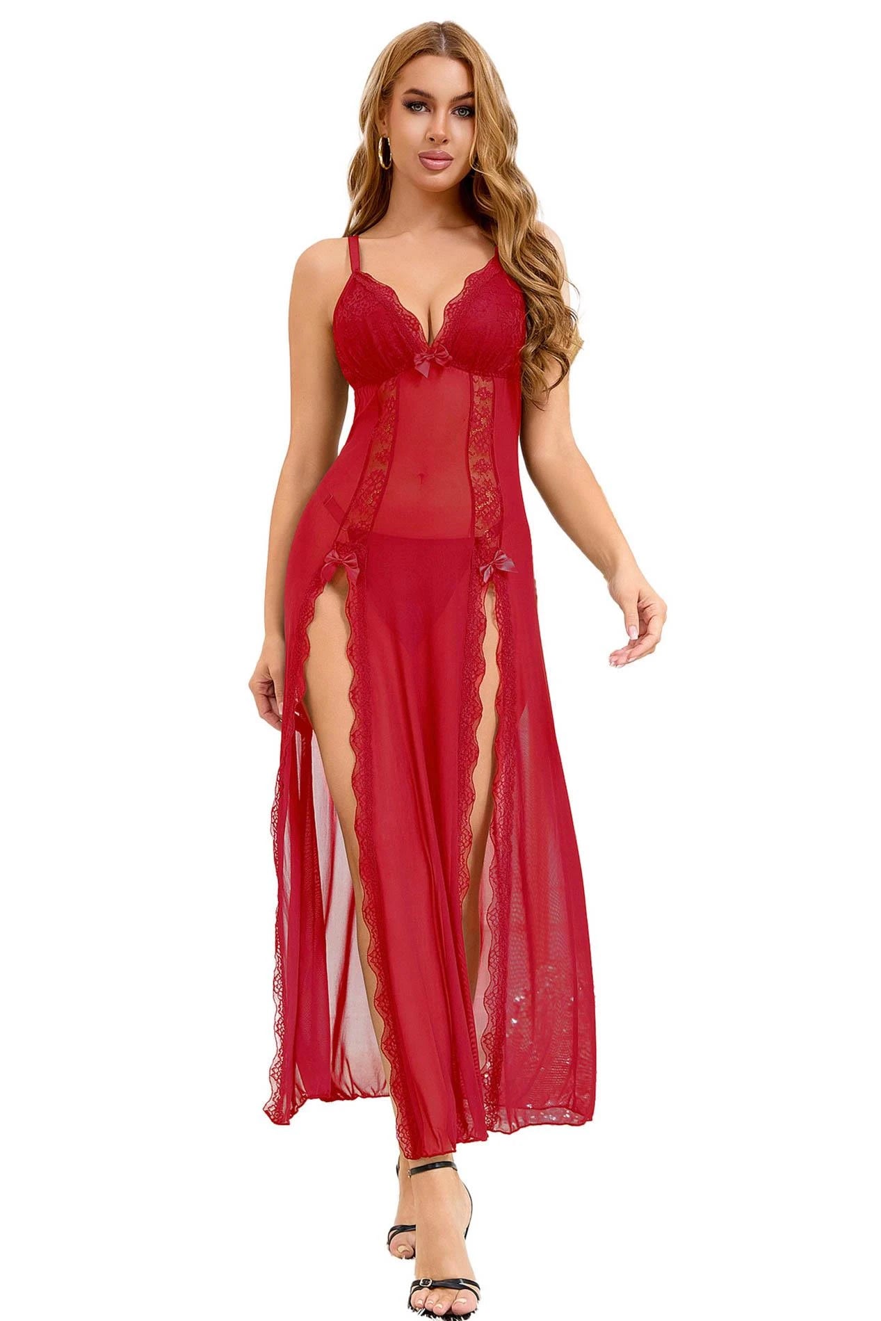 Chemise de nuit rouge longue et sexy + string S/M
